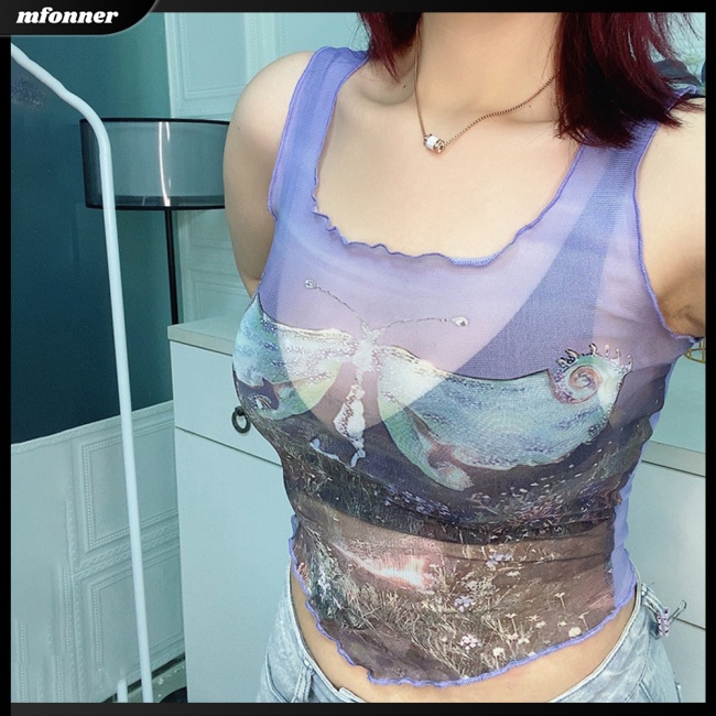 Áo Croptop Không Tay Phối Bèo Họa Tiết In Thời Trang Mùa Hè Cho Nữ