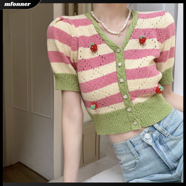 Áo Cardigan Dệt Kim Tay Ngắn Cổ Chữ V Kẻ Sọc Màu Sắc Tương Phản Thời Trang Mùa Hè Cho Nữ