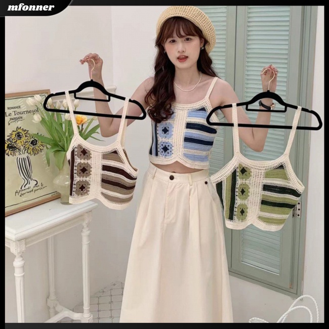Áo Tank Top Dệt Kim Sát Nách Dáng Rộng Thêu Họa Tiết Kẻ Sọc Kiểu Bohemian Thanh Lịch Cho Bạn Gái