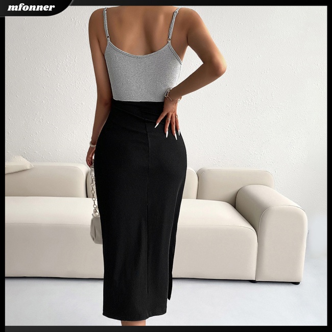 Đầm Lửng Không Tay Cổ Chữ V Lưng Cao Màu Sắc Tương Phản Thời Trang Mùa Hè Dành Cho Nữ