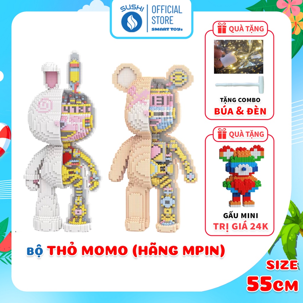 [ Tặng búa, đèn ] Đồ chơi lego thỏ MOMO 56cm trắng và lộ xương, Bearbrick, lego lắp ráp, xếp hình lego Sushi Store