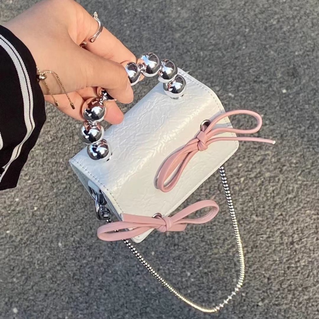 Túi xách mini nữ cầm tay phối nơ thời trang kèm dây xích dài đeo chéo tiểu thư