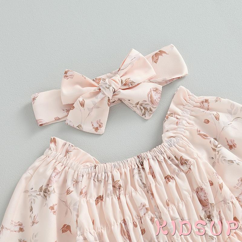 Bộ 2 Món Áo Liền Quần + Đầm Tay Dài + Băng Đô In Hoa Thời Trang Mùa Thu Cho Bé Gái