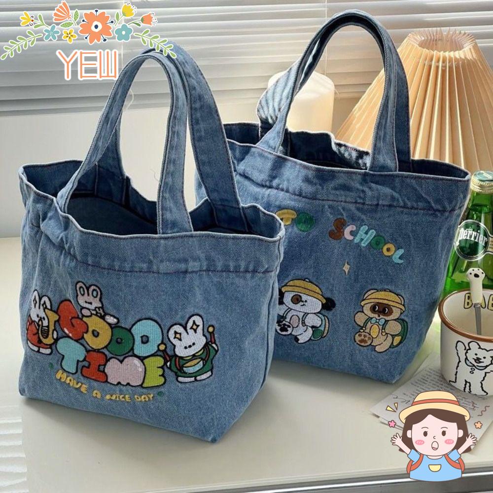 Túi Tote Vải Denim Đựng Thực Phẩm Sức Chứa Lớn Thêu Họa Tiết Hoạt Hình Dễ Thương