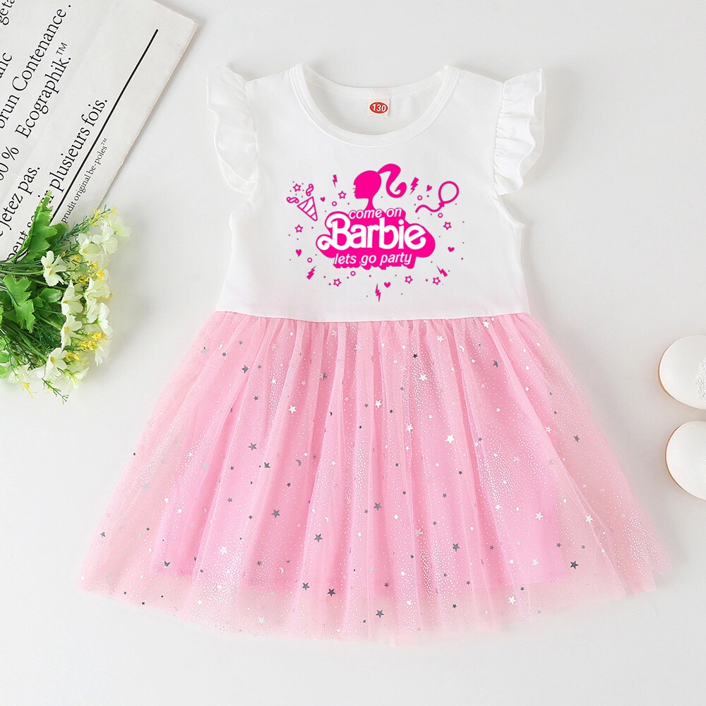 Barbie In Hình Bé Gái loe Tay Áo Công Chúa Barbie Thời Trang Bé Gái Ruffle Đầm Sinh Nhật Quần Áo Cho Bé Gái