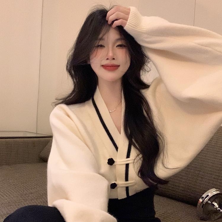 Áo Khoác Cardigan Dệt Kim Dáng Rộng Cổ Chữ V Thiết Kế Mới Thời Trang Theo Phong Cách Trung Hoa