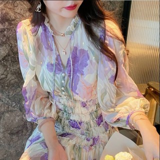 New French chic purple printed dress summer high-end elegant socialite chiffon dress goddess style high-end pleated long-sleeved shirt dress