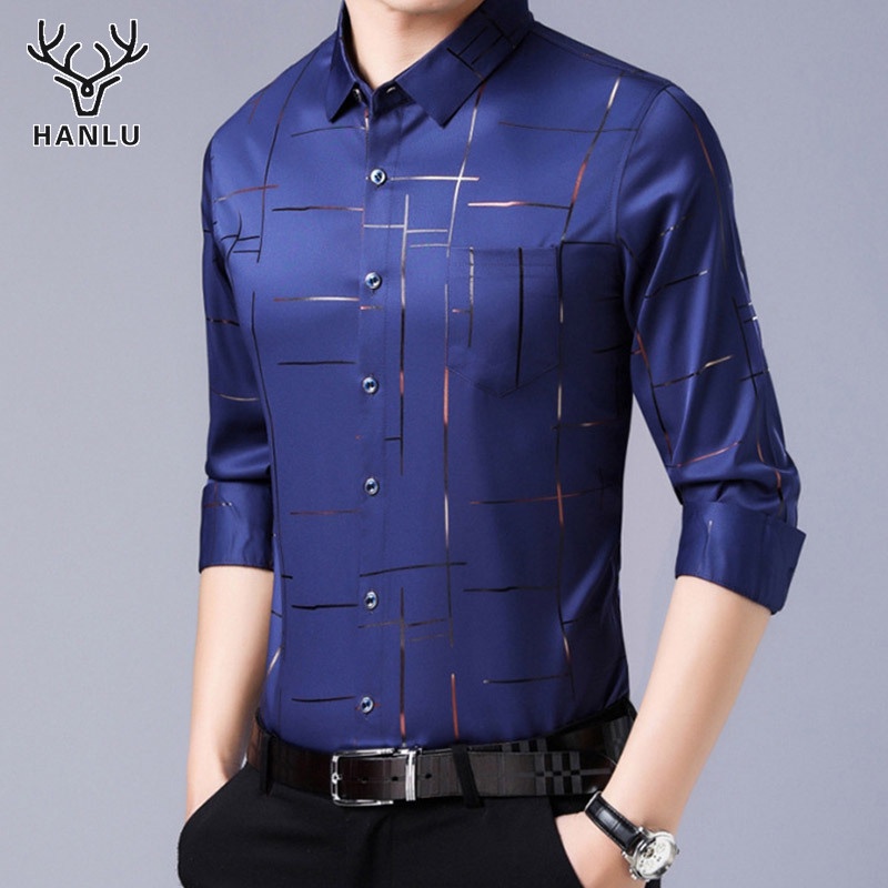 Áo Sơ Mi Lụa Lạnh Không Đường May Tay Ngắn Phối Túi Thời Trang Công Sở Cho Nam Giới