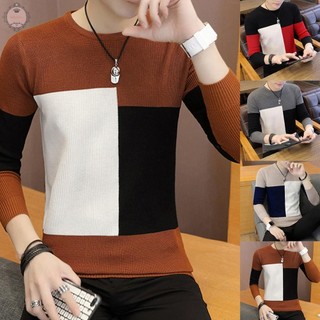 Trendy Color Stitching Men's Sweater Round Neck Slim Fit Multiple Sizes