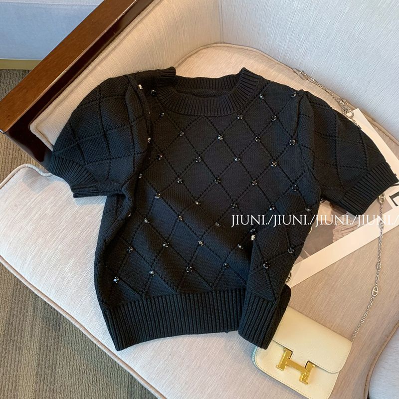 Áo Sweater Dệt Kim Tay Ngắn Đính Đá Thời Trang Xuân Hè 2023 Mới Cho Nữ