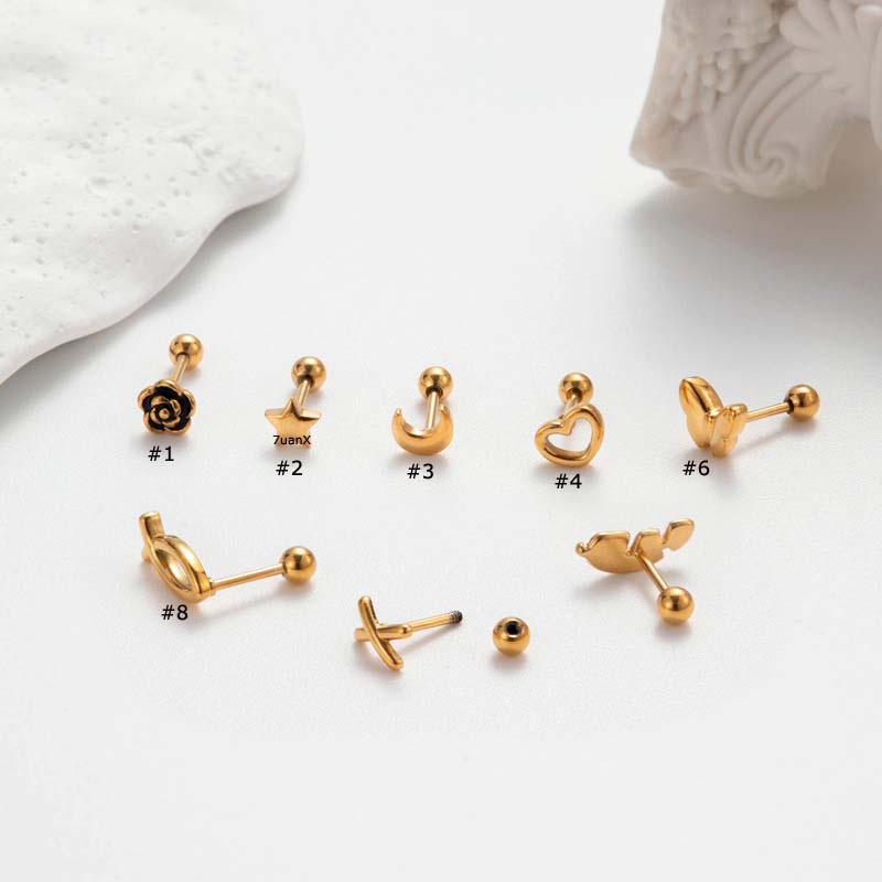 1 Khuyên Xỏ Sụn Tai Mini Bằng Thép Không Gỉ 20Gauge Hình Hoa Hồng / Bướm / Trăng Sao