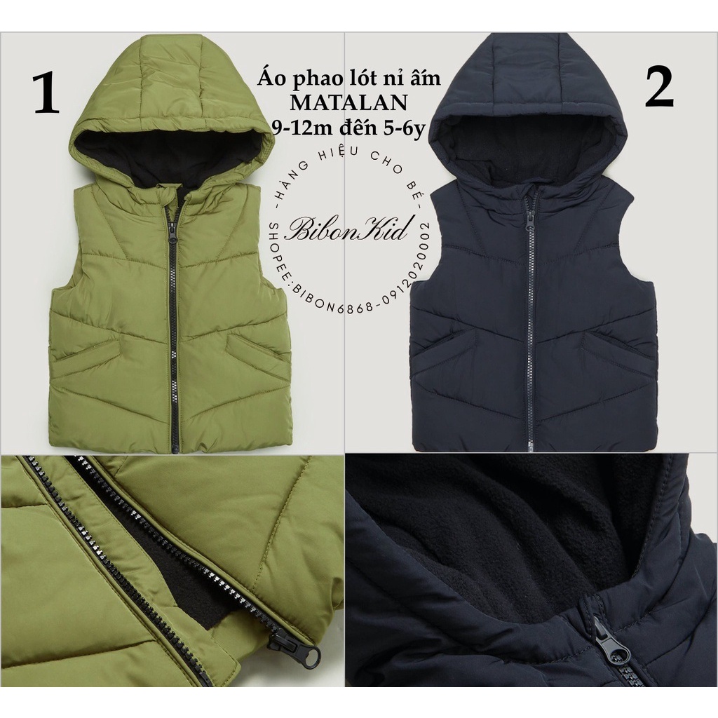 Áo gile phao lót nỉ ấm MATALAN UK 9-12m, 12-18m, 18-23m, 2-3y, 3-4y, 4-5y, 5-6y