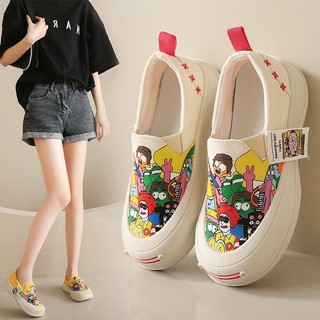GraceWalks Boutique👟"Giày Loafer Nữ Chất Liệu Vải Canvas, Đế Dày Chống Trượt, Họa Tiết Hoạt Hình, Thời Trang Và Dễ Phối Đồ