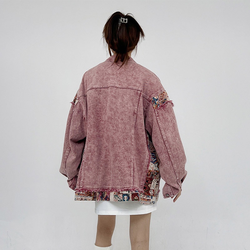 Áo khoác denim YOUTANG khâu họa tiết dáng rộng màu hồng thời trang retro