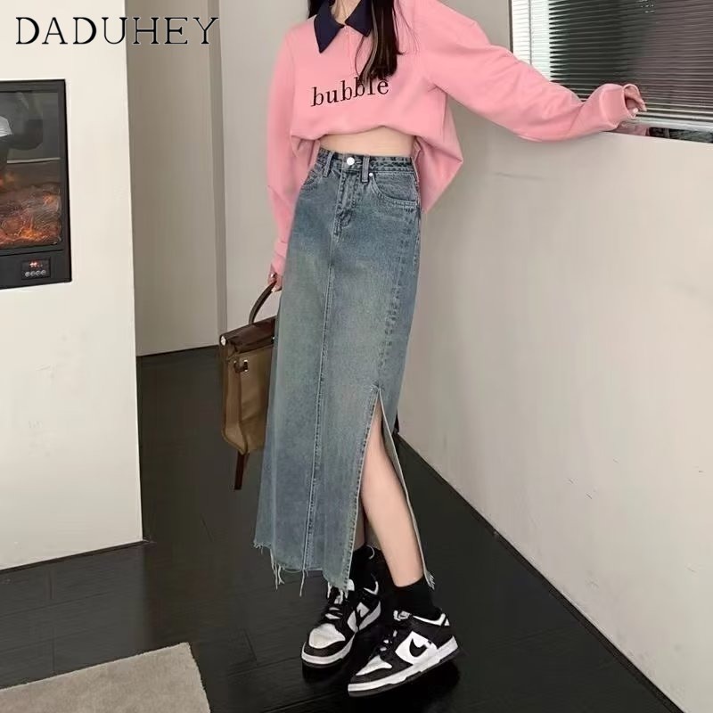 Chân váy denim dài DADUHEY dáng chữ A lưng cao túi hông viền thô xẻ tà phong cách retro đường phố Mỹ mới