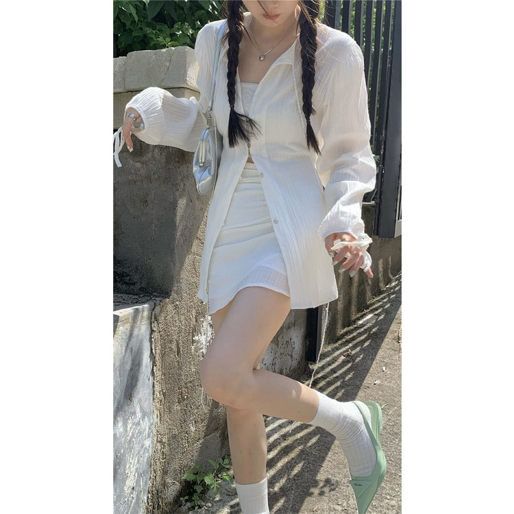 Bộ Áo Sơ Mi Tay Dài Dáng Ôm + Chân Váy Ngắn Lưng Cao Thời Trang Mùa Hè Xinh Xắn Cho Nữ