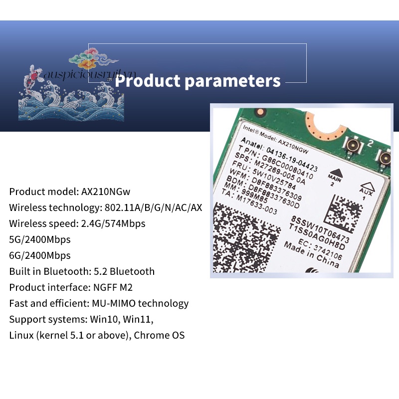 Thẻ WiFi 6E Intel AX210 Bluetooth 5.2 M.2 AX210NGW 2.4Ghz 5Ghz 6Ghz 5374Mbps 802.11A AX200 Chuyên Dụng