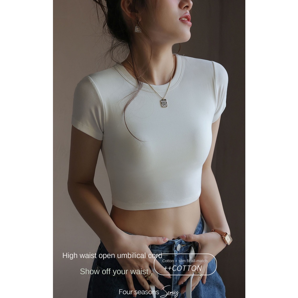 Áo Thun Lửng Ngắn Tay Có Đệm Ngực Thời Trang Mùa Hè Hàng Mới Dành Cho Bạn Nữ