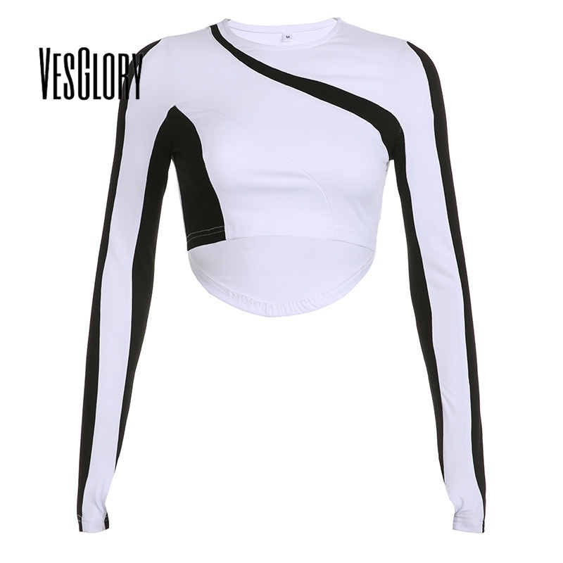 Áo Thun Crop Top Tay Dài Cổ Tròn Màu Tương Phản Thời Trang 2023 Quyến Rũ Cho Nữ
