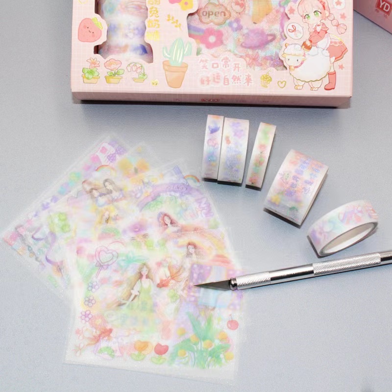 Hộp sticker và băng keo dán trang trí sổ lưu niệm DIY họa tiết hoạt hình dễ thương SHERI