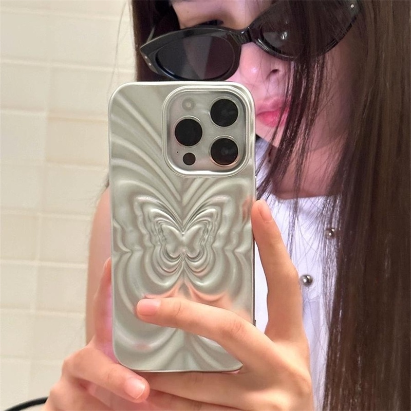 Y2k silver butterfly 3d water ripple phone case iphone 14 13 12 11 pro max món quà bìa mềm phong cách dễ thương hàn quốc