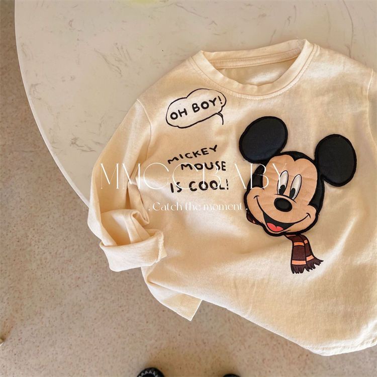 T-shirt trẻ em mùa thu mới bé trai và bé gái phim hoạt hình chuột vá bông dài tay áo chui đầu cho bé