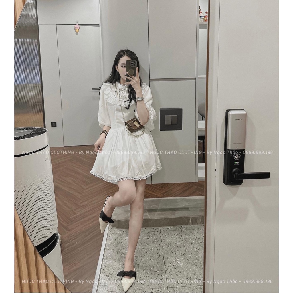 Váy Nữ Váy Đầm Nữ Dáng Xoè Dài Tay  Cổ Tàu Viền Ren Bèo Tiểu Thư Siêu Xinh