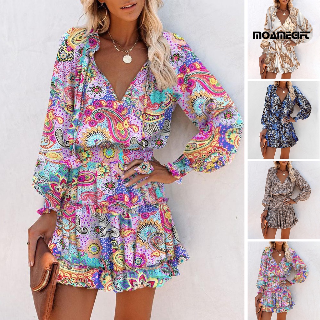Phụ nữ mini dress ren-up leopard in thun eo xù hem v-cổ dress-up dài tay dây rút váy phụ nữ quần áo nữ