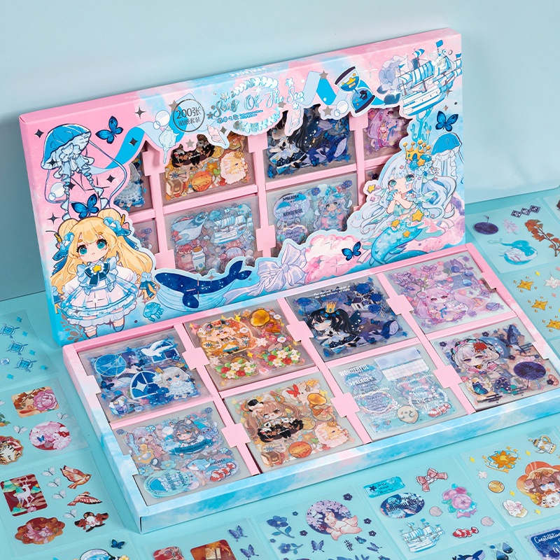 200 cái sáng tạo phim hoạt hình dễ thương nhãn dán pet không thấm nước sổ cái nhãn dán hộp cô gái trái tim nhật ký trang trí gói vật liệu hộp quà