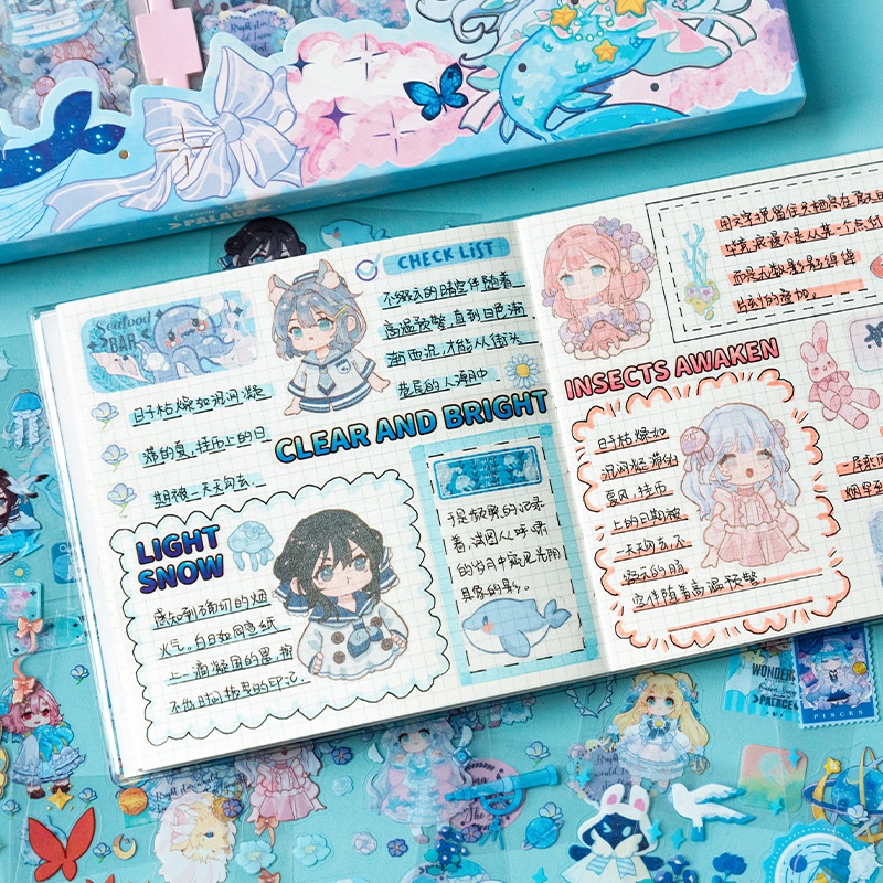 200 cái sáng tạo phim hoạt hình dễ thương nhãn dán pet không thấm nước sổ cái nhãn dán hộp cô gái trái tim nhật ký trang trí gói vật liệu hộp quà