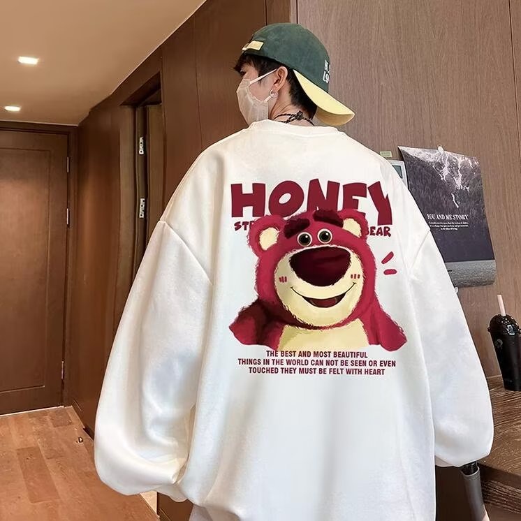 Áo Sweater nam form rộng big size tới 90kg Mỹ sáng tạo phim hoạt hình dâu tây gấu in Unisex Thời Trang Trẻ Trung