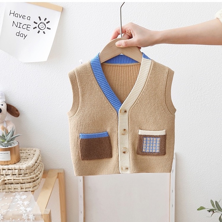 Bé trai áo len vest cardigan thời trang trẻ em áo ghi lê mùa xuân mặc ngoài cho bé 2023 phong cách mới trẻ em áo vest dệt kim
