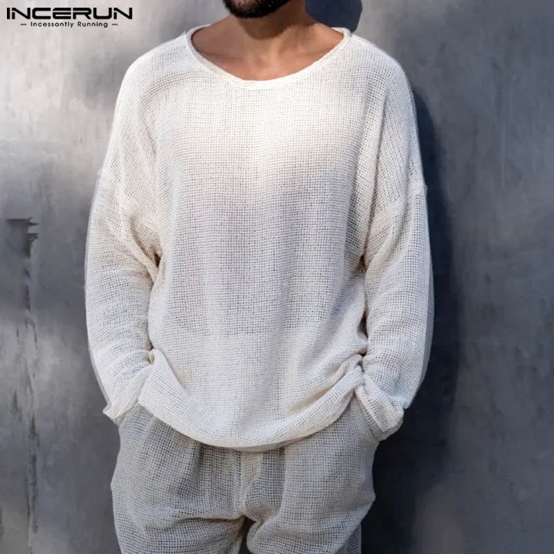 Áo thun INCERUN vải dệt kim nhẹ tay dài phong cách cổ điển thời trang dành cho nam