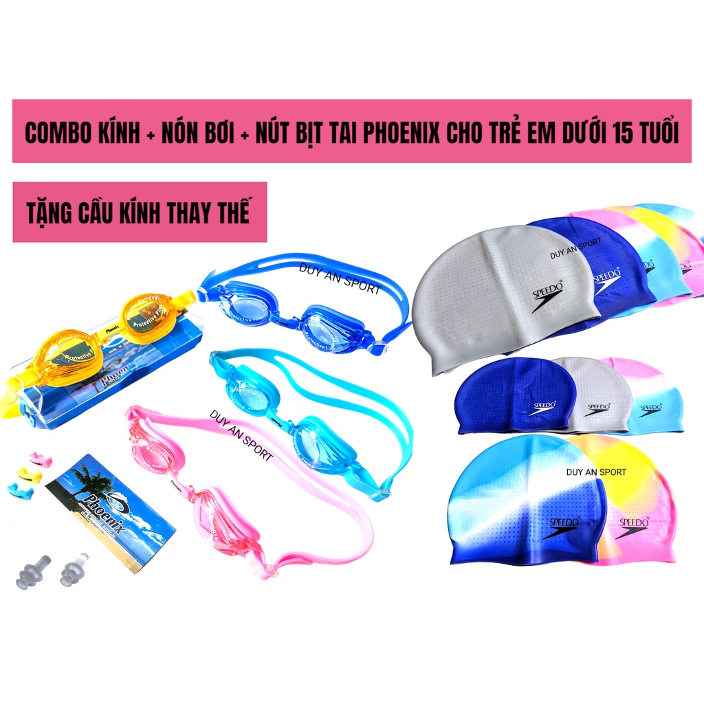 Combo Kính + Nón Mũ Bơi + Nút Bịt Tai Chính Hãng PHOENIX Cho Trẻ Em Từ 3 Tuổi Đến 15 Tuổi