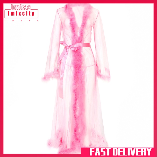 Imixcity 1 100% polyester phụ nữ âu mỹ váy ngủ sexy có lông váy dài gợi cảm phụ nữ đồ lót gợi cảm đồ ngủ