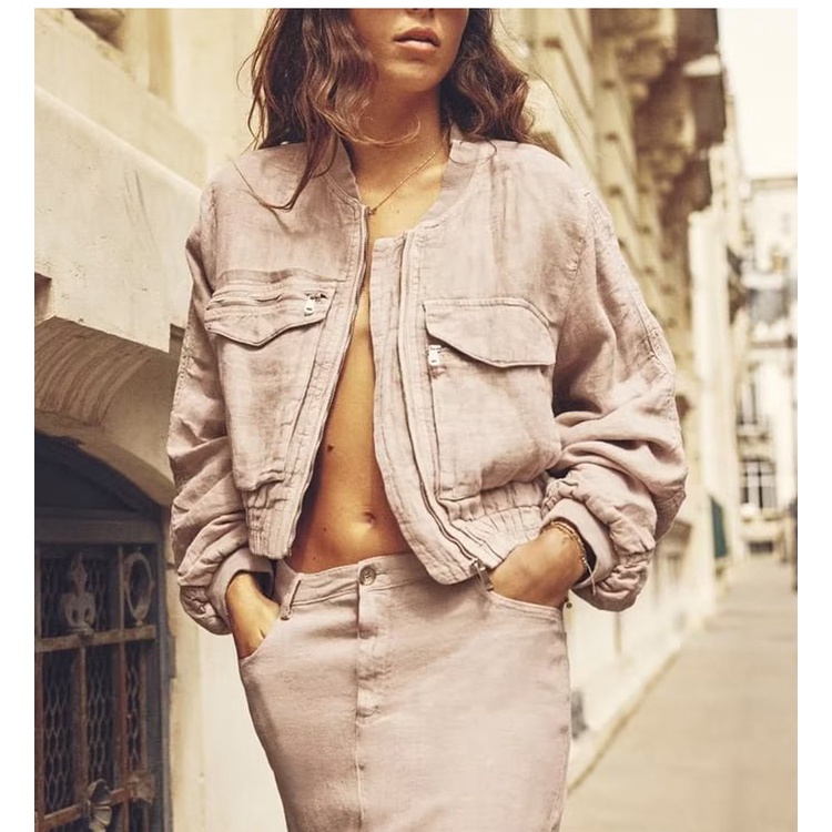 Zara Áo Khoác bomber Tay Dài Cổ Tròn Có Túi Thời Trang Mùa Thu 232674243