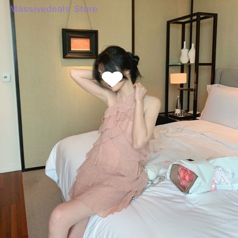 Massivedeals váy không tay phụ nữ dây cổ ruffles mini thanh lịch ngọt ngào mùa hè mini dress mới