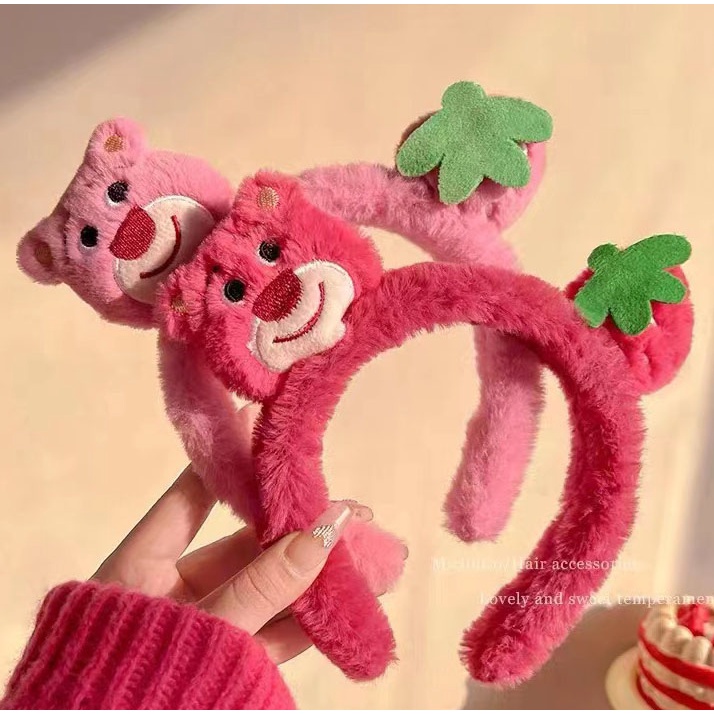 Cài tóc tai gấu lotso hồng dâu tây phủ lông nhung xinh xắn dành cho nữ TB11