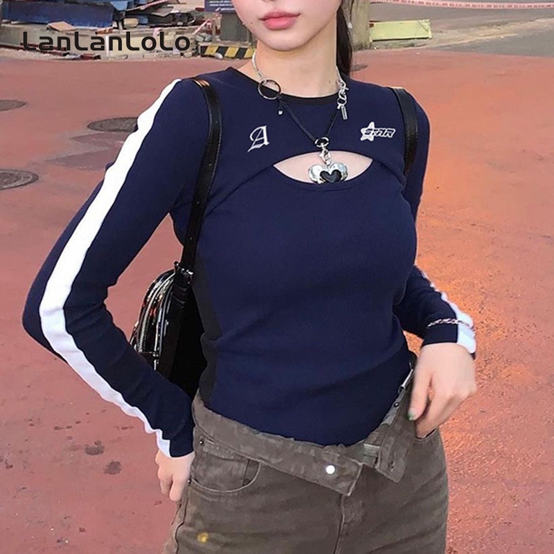 Lanlanlolo women 2023 màu tương phản cổ tròn dài tay áo bộ xương nối thời trang thường mỏng dệt kim hàng đầu