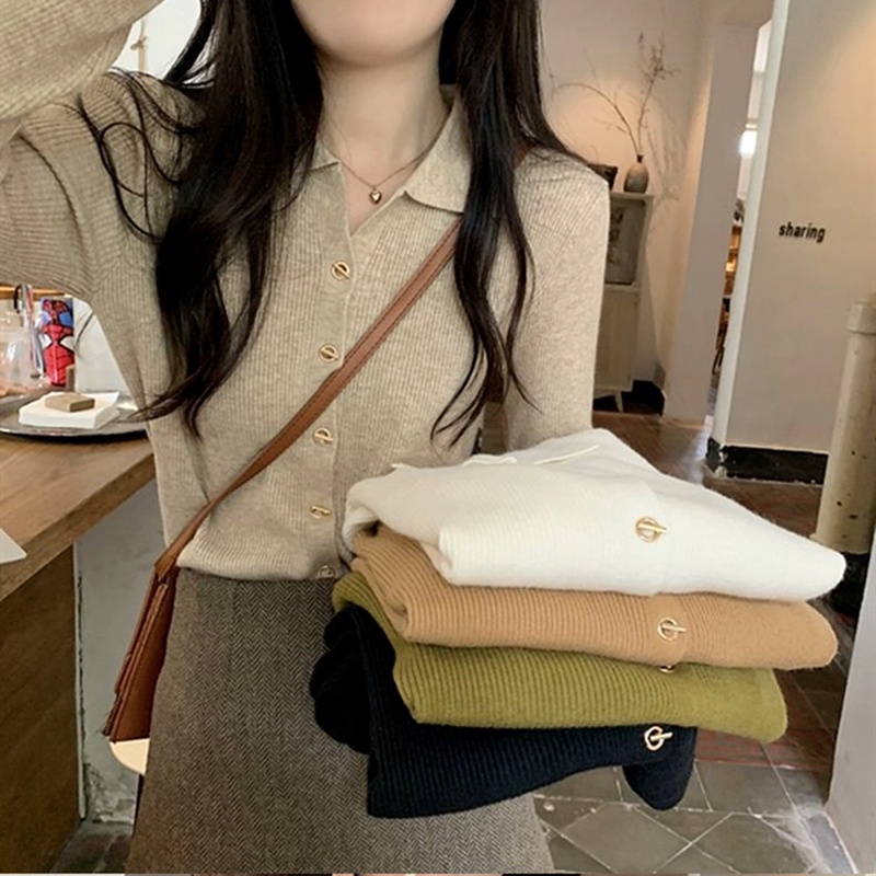 Thiết kế nút áo len cổ bẻ polo phong cách nhẹ nhàng mùa xuân dệt kim cardigan phía dưới