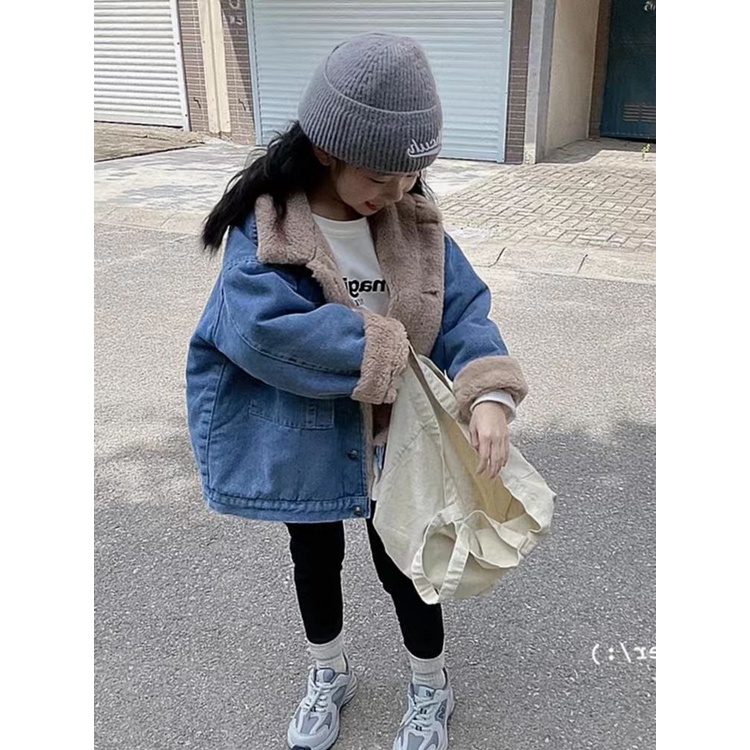 2023 mùa thu đông phong cách Áo khoác Denim lót lông cừu dày dặn thời trang mùa đông cho bé trai