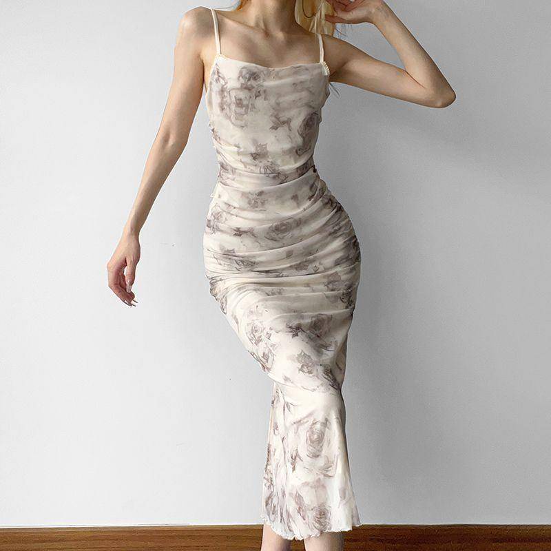 Iamthicc phong cách trung quốc mới hoa hồng kiểu pháp sling dress nữ tính khí lady xếp ly slim-fit xẻ tà váy