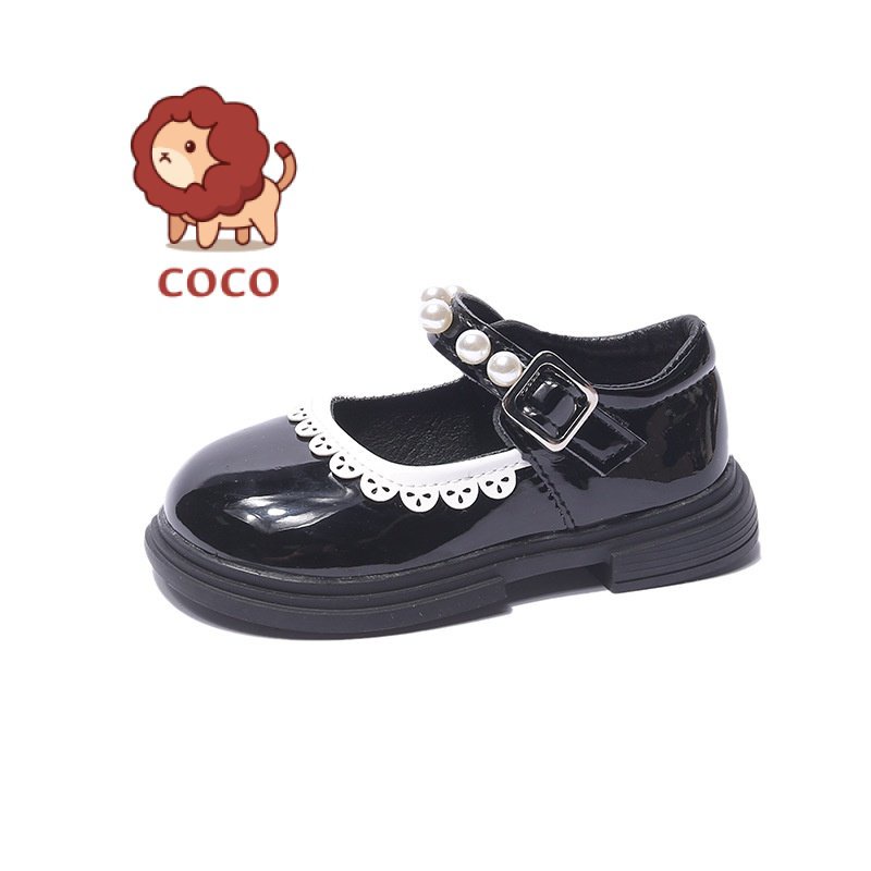 Trẻ em ren giày da nhỏ 2023 mùa xuân phong cách mới cô gái ngọc trai dễ thương giày đơn đế mềm velcro giày công chúa hợp thời trang
