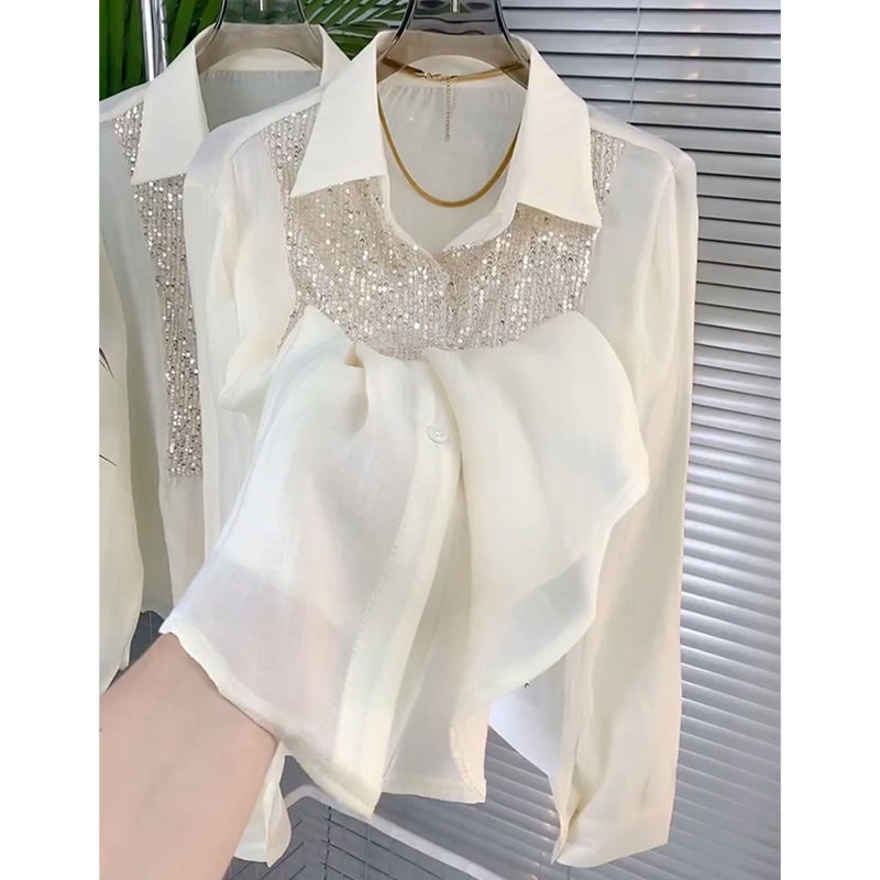Thiết kế sequin khâu dài-tay áo sơ mi voan nữ 2023 mùa xuân phong cách mới kiểu pháp thời trang đi lại hàng đầu
