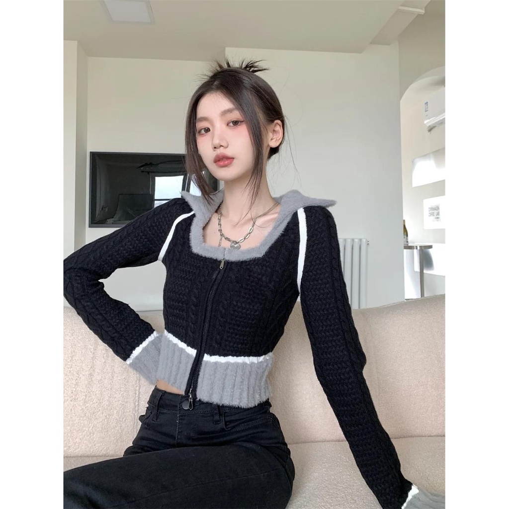 Áo len ngắn cardigan nữ mùa đông phong cách mới ins niche design sense phong cách hàn quốc dây kéo slim-fit black knit top