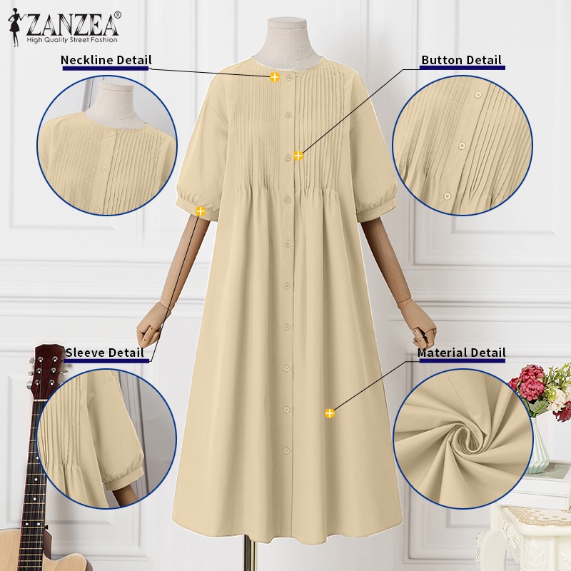 Áo sơ mi ZANZEA tay lỡ 3 / 4 cổ tròn phối túi thời trang cho nữ