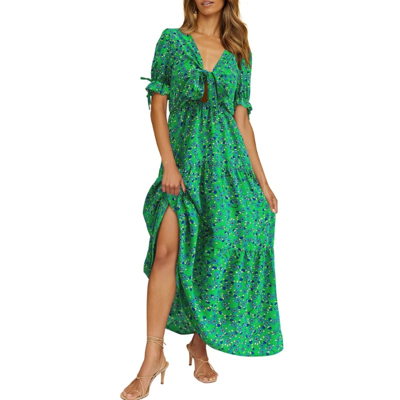 Đầm Maxi Tay Ngắn Cổ Chữ V Thắt Nút Trước In Họa Tiết Hoa Phong Cách Boho Dành Cho Nữ