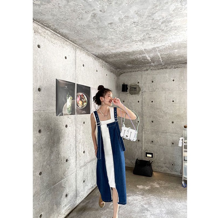 Đầm Yếm Denim Dáng Dài Không Tay Màu Sắc Tương Phản Phong Cách Hàn Quốc Thời Trang Mùa Thu 2021 Cho Nữ