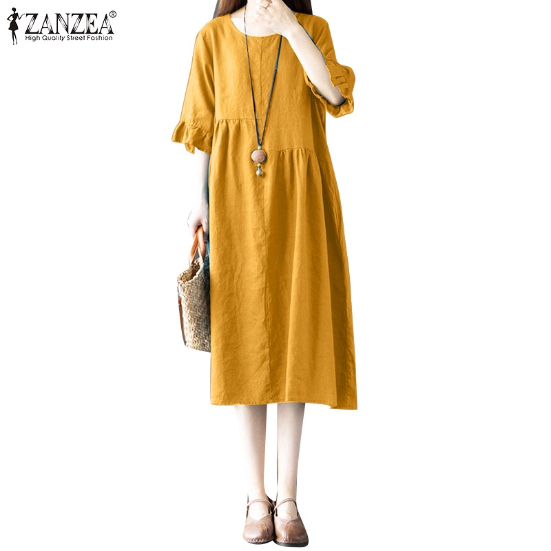 Đầm nữ ZANZEA tay lửng cổ tròn phối bèo thời trang