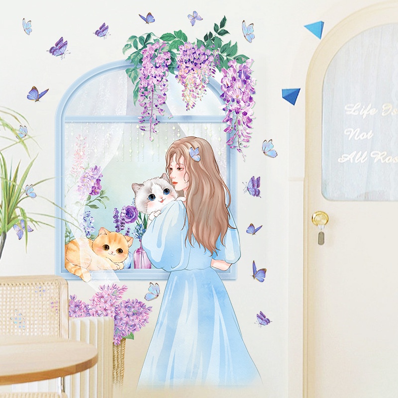 Giấy Dán Tường Hình Mèo Hoạt Hình Trang Trí Phòng Bé Gái